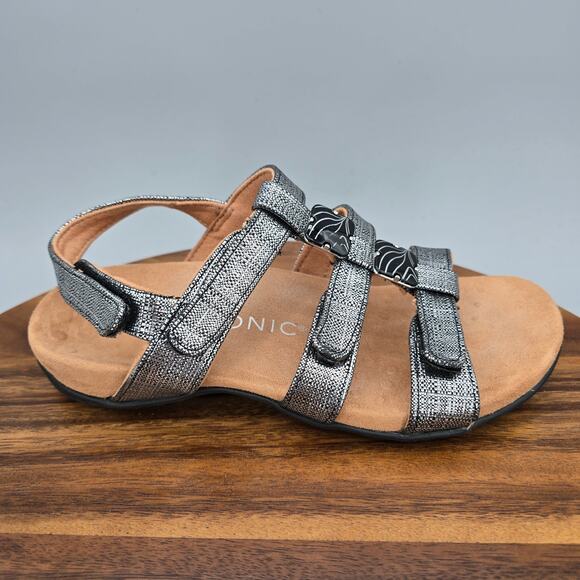 Vionic Sandals Womens 6 Black Metallic Adjustable Strappy Shoes Orthotic Comfort - Picture 1 of 7